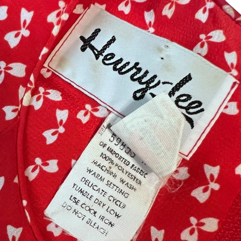 Henry Lee Vintage Red Bow Print Dress Union Made Size 14 Belted Full Skirt‎
